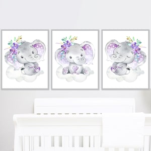Decoración de pared con elefantes, imprimible, digital, para habitación de bebé, guardería, niño, conjunto floral, de 3 imágenes, acuarela, morado, gris, animales lindos, pequeño póster