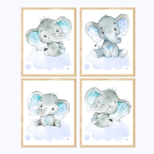 Poster elefante per bambini, decorazione da parete per cameretta dei bambini, stampa per bambini, set di 4 tele grigie e blu, regalo con immagini digitali