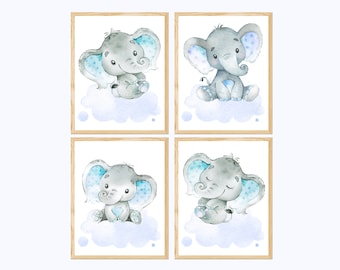 Elephant Poster Baby Boy Nursery Wall Art Decor Kid Print Children Room set of 4 Gray Blue Canvas gift