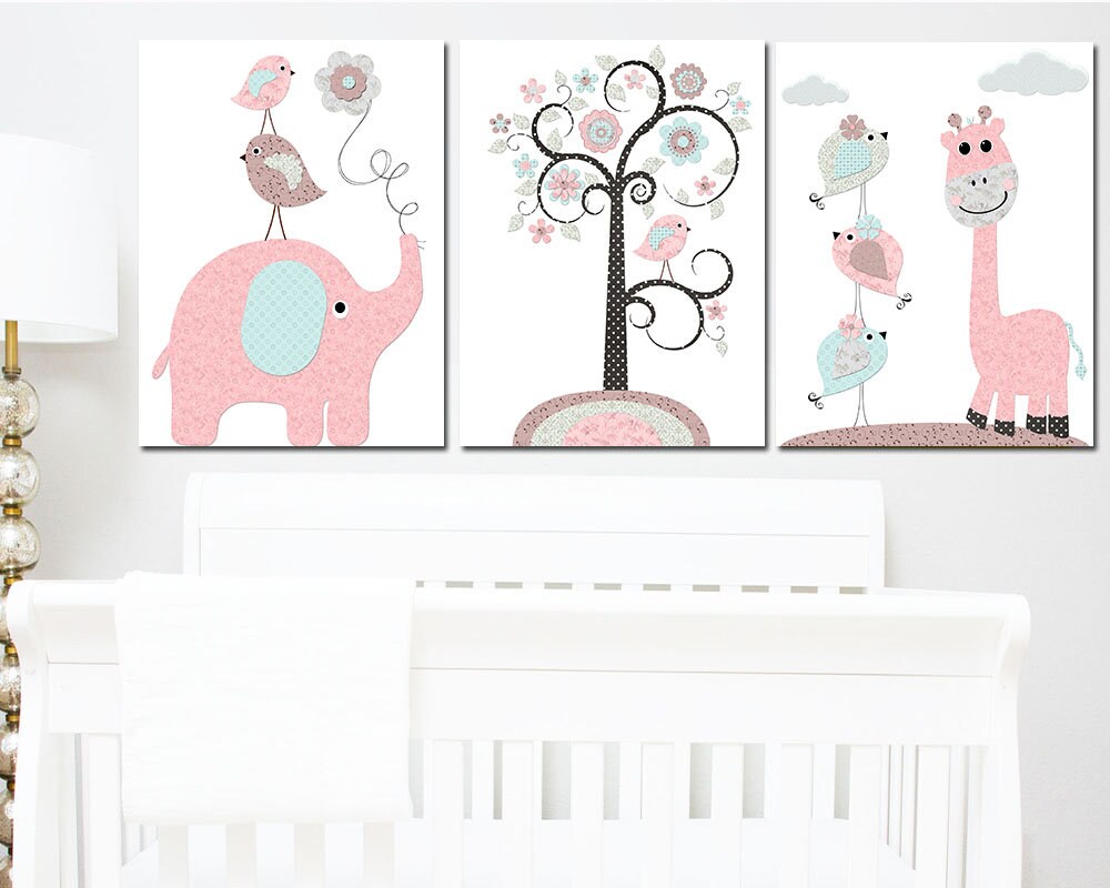 Pink Grey Blue Brown Baby Girl Wall Decor Canvas Nursery Etsy
