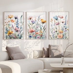 Impresiones artísticas de flores silvestres para guardería, decoración de pared para dormitorio de niña, pósteres de flores botánicas, juego de 3 lienzos para niños para imprimir digitalmente, regalo