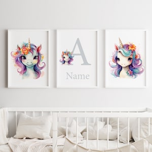 Unicorn Nursery Art Printables Girls Name sign Personalized Bedroom Wall Decor for Baby Pictures Custom Digital Posters gift set of 3 new
