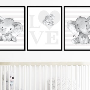 Elephant Print Art Baby Boy Nursery Wall Decor Neutral Poster Set of 3 ...