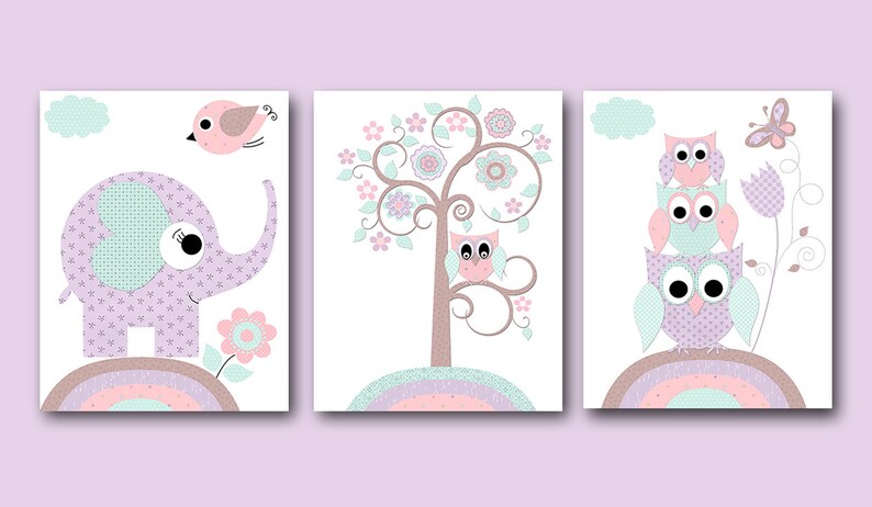 Decoracion Del Elefante Buhos Arte De La Pared Bebe Nina Etsy