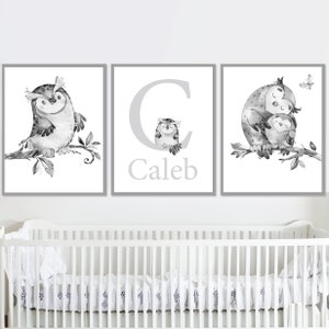 Decorazione per la cameretta dei bambini con gufo, neutra, personalizzata, con nome del bambino, iniziale, stampabile, poster da parete personalizzato per bambini, set di 3, camera da letto per bambini, digitale