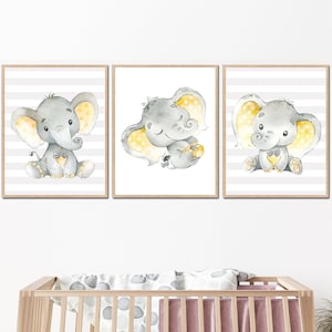 Baby Elephant Posters Prints Gender Neutral Boy Nursery Wall Art Decor set of 3 picture Child Room Decoration Kids illustrations