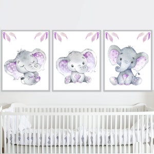 Decorazione da parete per cameretta delle bambine, stampabile, con famiglia di elefanti, set di 3 immagini ad acquerello, digitale, lavanda, grigio, viola, lilla