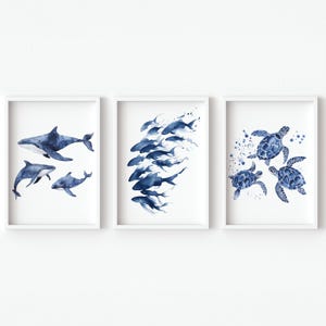 Ozean Tiere Aquarell Drucke Kinder Badezimmer Wand Kunst Unter dem Meer Baby Kinderzimmer Schlafzimmer Dekor Schildkröte Wal Fisch set von 3 Digitalen Postern