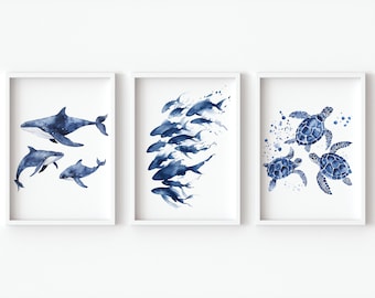 Ocean Animals Watercolor Prints Kids Bathroom Wall Art Under the Sea baby Nursery Bedroom Decor Turtle whale fish set of 3 Digital Posters
