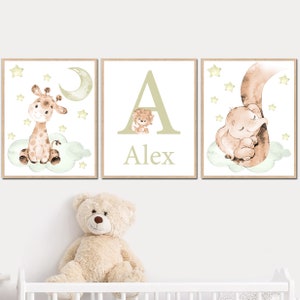 Impresión de nombre de bebé personalizada, arte de pared neutro para guardería, decoración de habitación infantil con inicial, letrero para habitación de niño, elefante, jirafa, juego de 3 para niños, verde oliva y beige