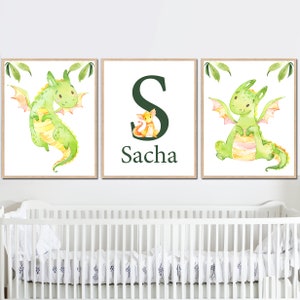 Dragon Wall Decor Nombre personalizado Impresión Baby Boy Nursery Art Poster Carta personalizada Inicial Kids Room conjunto de 3 imágenes de lienzo digitales