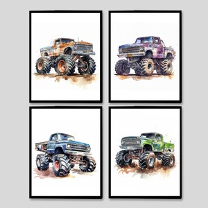 Monster Truck imprime Baby Boy decoración de la pared de la guardería Kids Playroom cartel arte niño Conjunto de 4 imágenes infantiles digitales pequeñas obras de arte de aventura