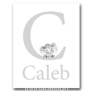 Impresiones de iniciales de arte con nombre de bebé personalizado Póster personalizado Decoración de pared de guardería para niño y niña Habitación infantil Elefante Género