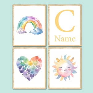 Decorazione per la cameretta dei bambini, arcobaleno, cuore, nome personalizzato, arte murale, stampa per camera da letto di ragazzi e ragazze, set di 4 poster, immagini digitali per bambini
