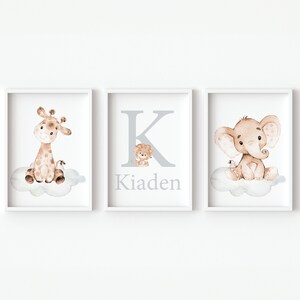 Stampe artistiche personalizzate con il nome del bambino, decorazioni murali per la cameretta dei bambini, iniziali, elefante personalizzato, ragazzo, ragazza, bambini, set di 3, beige, grigio, piccolo regalo /