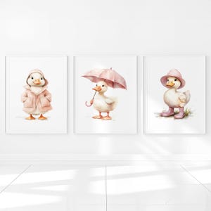 Juego de 3 impresiones de lienzo con diseño de pato para pared de guardería, decoración para dormitorio de niña, póster neutro para niños, imágenes digitales de granja rosa para niños