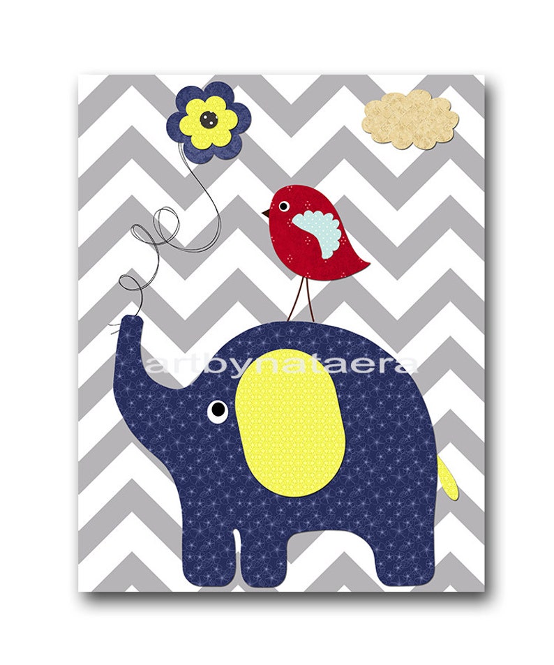 Navy Blue Grey Red Yellow Baby Boy Wall Decor Canvas Elephant Etsy