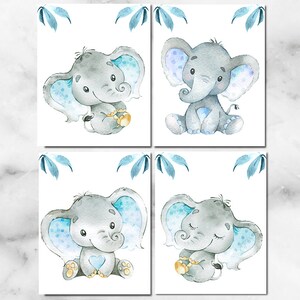 Decorazione murale per bambini Elefante Bambino Asilo Nido Stampa artistica Camera dei bambini Poster per bambini Set di 4 immagini Grigio Blu Tela Camera da letto digitale bambino