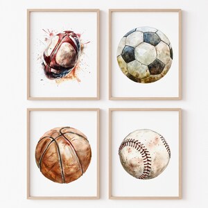 Decorazioni da parete per la cameretta dei neonati, stampe d'arte sportive, sala giochi per bambini, calcio, baseball, set da letto stampabile con 4 poster digitali, regalo per bambini