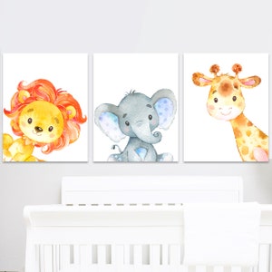 Decoración de guardería de safari, obra de arte de pared para sala de juegos de bebé, impresiones para niños, juego de 3 pósteres de animales de la jungla con acuarela, imagen digital imprimible para niños pequeños