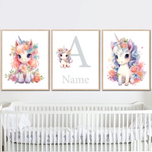 Arte de parede com estampas de unicórnio para bebê, nome personalizado, decoração de berçário para menina, flores, cavalo floral, conjunto de 3 pôsteres digitais para quarto infantil