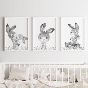 Decoración de pared para guardería de conejitos, carteles de conejos, impresiones de género neutro, juego de 3 liebres para habitación de niños, regalos imprimibles digitales, imágenes grises