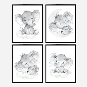 Decorazione neutra per la cameretta dei bambini, motivo elefante, stampabile, per bambini, camera da letto, set di 4 simpatici animali, poster di genere, regalo grigio