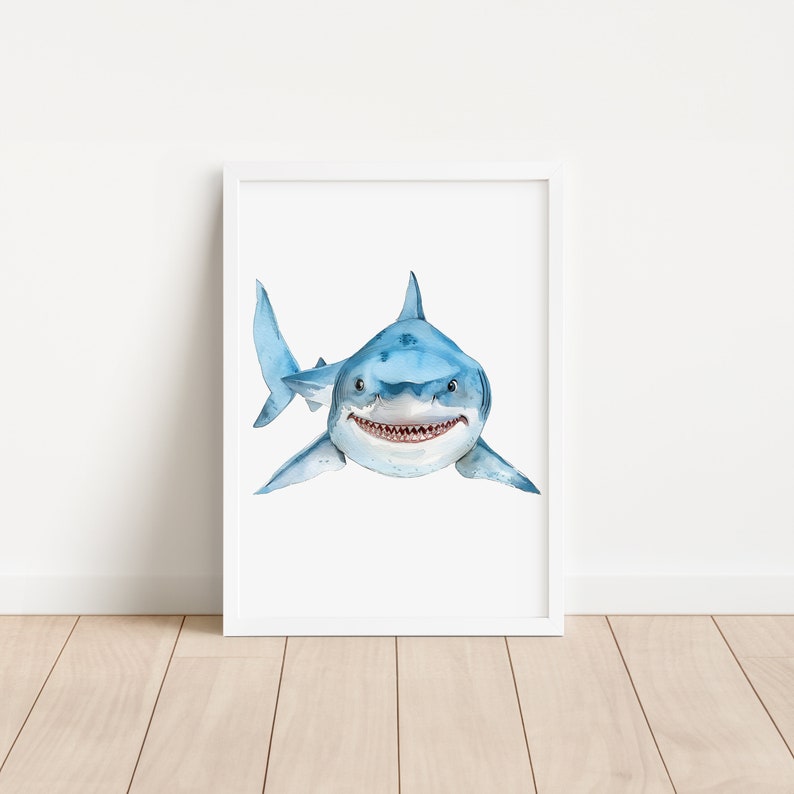 May include: A watercolor painting of a great white shark with a toothy grin. The shark is blue and white and is swimming towards the viewer.