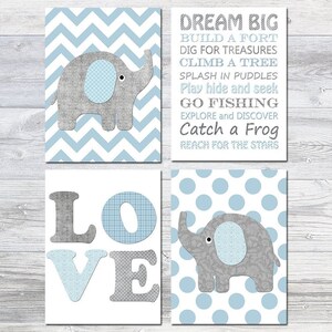 Stampa artistica di elefante per neonati, decorazione da parete per bambini, citazioni per bambini, camera da letto, poster per bambini, set di 4, Dream Big love Canvas, grigio, blu, immagini digitali