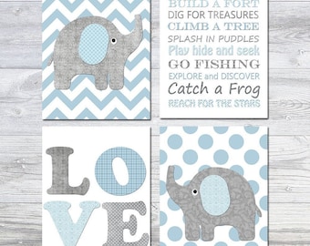 Elephant Art Print Baby Boy Nursery Wall Decor Children Quotes Room Kids poster set of 4 Dream Big love Canvas Gray Blue