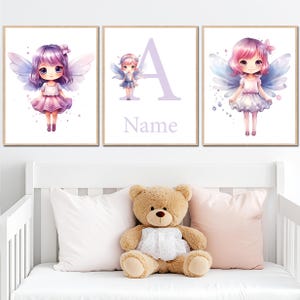 bella fata stampabile arte murale personalizzata nome bambina asilo nido arredamento camera da letto bambini set di 3 poster digitale poster gioco regalo immagine