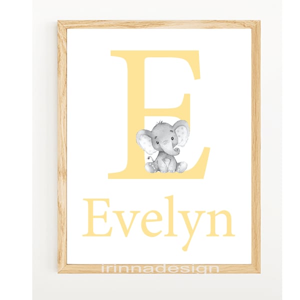 Personalized Baby First Name Sign Prints Custom Initial Art Neutral Boy Girl Nursery Wall Decor kids Child room Poster Elephant Gender