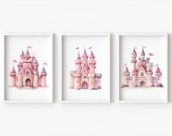 pink Princess Castle Print Wall Art Decor Fairytale digital poster Baby Girl Nursery gift bedroom toddler themed set of 3 watercolor picture