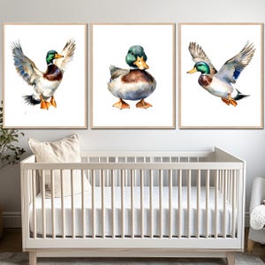 Poster da parete per bambini con anatra selvatica, stampabile, decorazione per camera da letto per bambine e bambini, genere neutro, set di 3 immagini digitali per bambini su tela