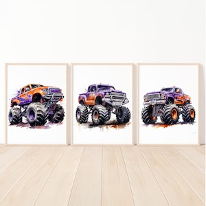 Decorazione murale Monster Truck, arte per la cameretta dei bambini, poster stampabile per la camera dei bambini, immagini digitali per bambini, set di 3 piccoli regali per la sala giochi