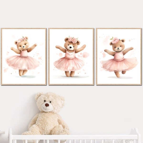 Ballerina Art Print Baby Girl Bear Nursery Wall Decor Kids Bedroom woodland dancing Animals set of 3 digital children posters