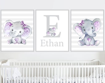 Letter Initial print Elephant Personalized name Wall Decor Custom Baby Girls Nursery Art Little Kids Bedroom Digital set of 3 Purple Gray