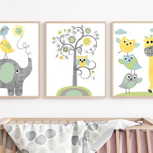 Gufo Giraffa Baby Boy Nursery Wall Art Prints Decorazione camera da letto per bambini Set di 3 poster digitali con immagini di elefante blu grigio albero per bambini