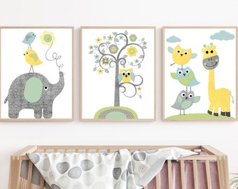 Owl Giraffe Baby Boy Nursery Wall Art Prints Kids Bedroom Decoration Set of 3 digital Elephant Tree Blue Gray toddler pictures posters