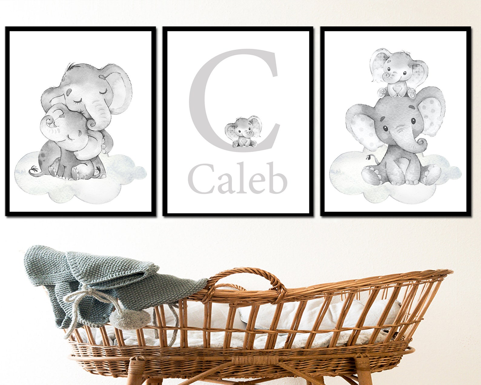 Neutral Elephant Wall Decor Baby Bedroom Custom Name Nursery Art Boy ...