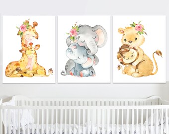 Baby Girl Nursery Decor Safari Jungle Wall Art Print set of 3 Elephant Giraffe Kids Room Decoration Children Canvas Stickers digital