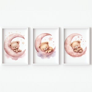 Decorazione per la cameretta dei bambini con orsetto di peluche, stampa artistica da parete per la camera dei bambini, neutri, luna, stelle, nuvole, poster assonnati, animali, set di 3 digitali