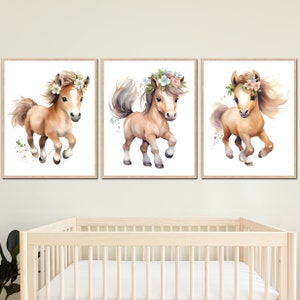 Stampe artistiche da parete per bambini con cavallino, decorazione per camera da letto per bambine, set di 3 poster per bambini, tela boho, bambino, immagini digitali stampabili