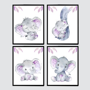 Conjunto de 4 carteles para dormitorio infantil, diseño de familia de elefantes, para imprimir en papel, regalo nuevo, color morado y lila digital