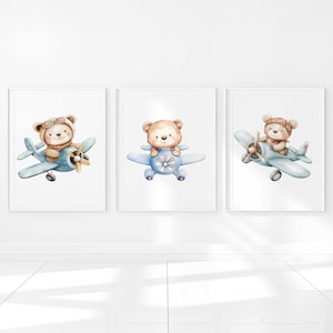 Orso in aereo decorazione per la cameretta dei bambini, decorazione da parete per la camera dei bambini, poster per bambini, set di 3 tele per la sala giochi, piccole immagini digitali