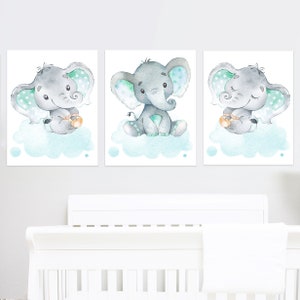 Decorazione murale neutra per la cameretta dei bambini, stampabile, con elefante, set di 3 immagini digitali per la stanza dei giochi dei bambini, grigio menta, genere bambina, regalo