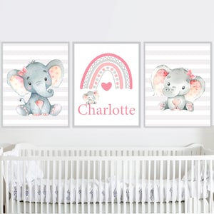 Elephant Wall Art Prints Baby Girl Nursery Decor Personalized Custom Name Rainbow Kids Bedroom set of 3 Gray Pink Printable Digital pictures