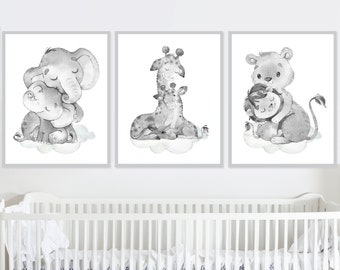 Décoration neutre Safari pour chambre d'enfant, fille garçon, impression d'art de la jungle, illustration aquarelle de bébé animal, toile murale, lot de 3 oeuvres d'art pour salle de jeux entre les sexes