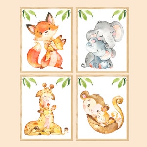 Stampe artistiche di animali, mamma, bambina, bambino, decorazione da parete per la cameretta dei bambini, set di 3 immagini di bambini, acquerello, giraffa, scimmia, volpe, orso, digitale