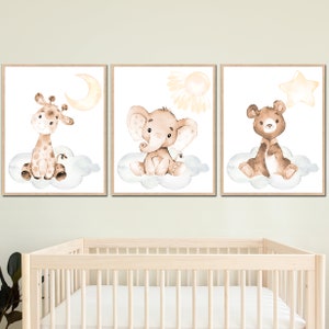 Neutro Baby Boy Girl Nursery Wall Decor Safari Art stampabile Kid Room Jungle Animals set di 3 Genere Elefante Orso giraffa boho regalo pastello